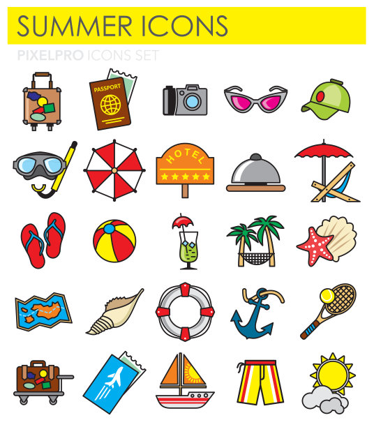 夏季颜色轮廓图标设置在白色背景的图形和网页设计，现代简单的矢量标志。网络的概念。时髦的符号为网站设计网页按钮或移动应用程序。图片下载