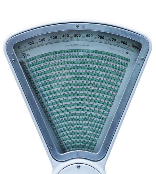 德国商店或市场的老式称重秤/称重秤的单独特写照片。过去的零售商店设备。图片下载