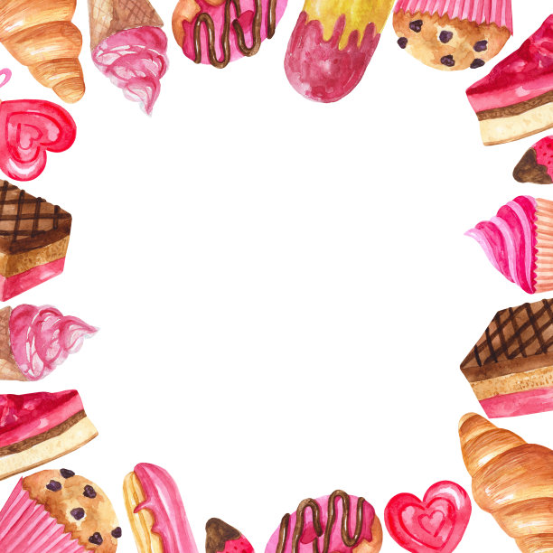 水彩甜点和糕点框架:蛋糕，糕点，冰淇淋，糖果，巧克力，泡芙，松饼，甜甜圈。图片下载