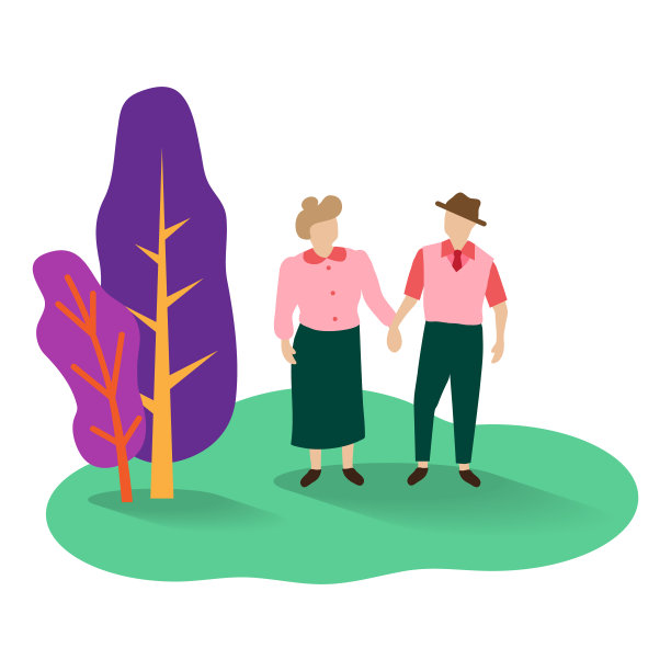 老两口手牵着手的爷爷奶奶平卡通人物。图片下载