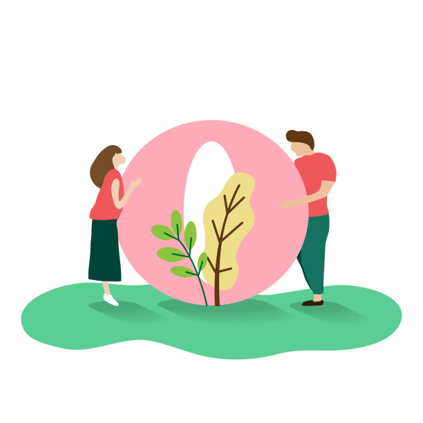 年轻情侣情侣站在o字母的扁平卡通人物。图片下载