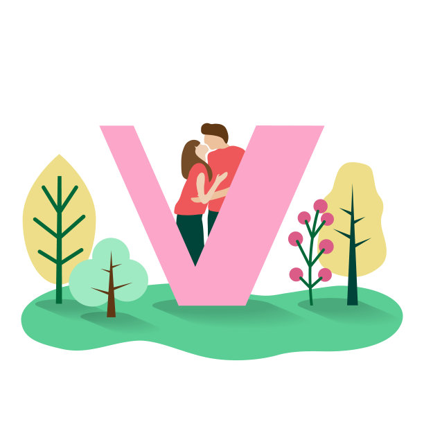 年轻的情侣情侣站在v字母的扁平卡通人物。图片下载