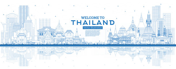 欢迎来到带有蓝色建筑和倒影的泰国城市天际线。图片下载