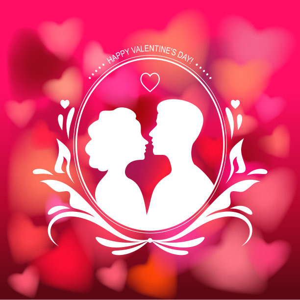 剪影的爱情夫妻孤立在浪漫的心的背景。矢量插图情人节，2月14日图片下载