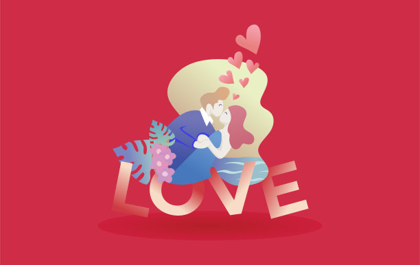 情侣在爱的文本矢量插图时尚夏季装饰设计粉红色的背景。图片下载