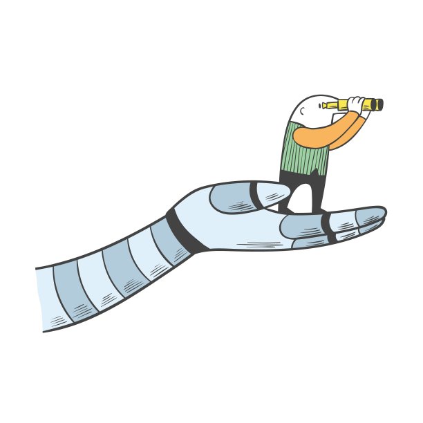 一个拿着双筒望远镜的人正站在一个人工机器人手臂上。图片下载