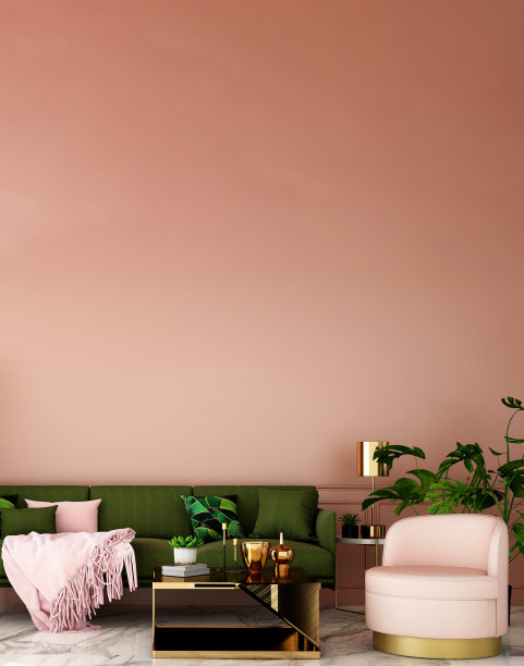 客厅或接待区的室内设计，大理石地板上的灰色地毯，扶手椅，植物，橱柜背景/ 3d插图，3d渲染图片下载