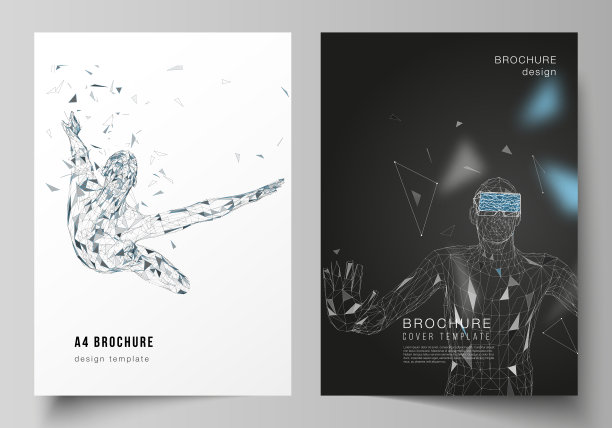 矢量布局A4格式现代封面模型设计模板的小册子，杂志，传单，小册子，年度报告。戴着虚拟现实眼镜的人。虚拟现实，未来技术概念。图片下载