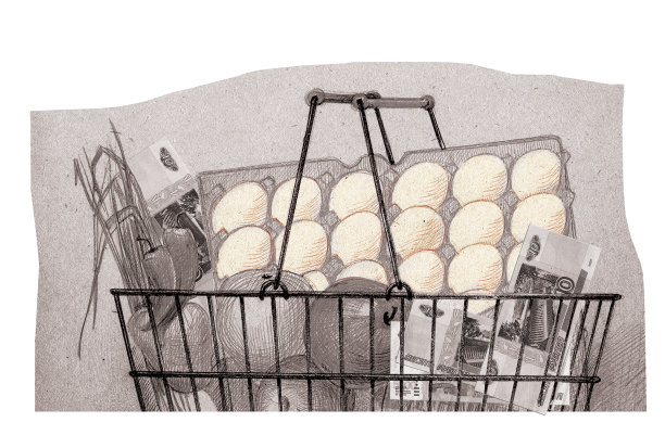 消费者篮子里。装着杂货和钞票的购物篮。图片下载