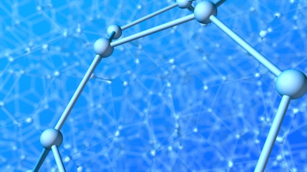 非常复杂的结构，由管和球组成的分子在蓝色背景下具有景深图片下载