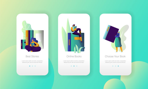 在线电子书图书馆现代大学移动应用程序页面板载屏幕设置。电子书阅读器。女性阅读书籍，电子学习技术概念的网站或网页。平面卡通矢量插图图片下载