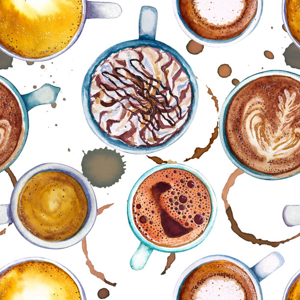 水彩咖啡杯无缝图案，污渍。图片下载