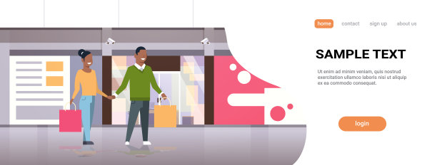 夫妇拿着购物袋大销售概念非裔美国男人女人站在现代商场中心外部水平全长平面复制空间图片下载