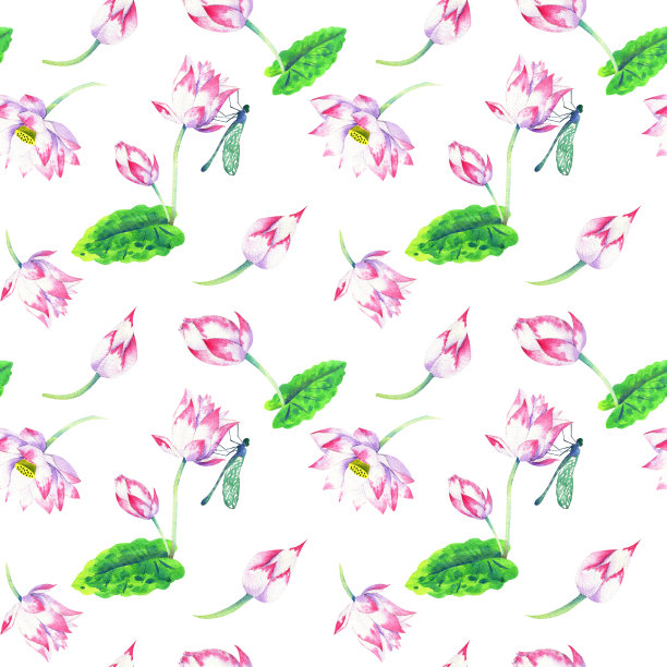 花与荷花水彩无缝图案图片下载