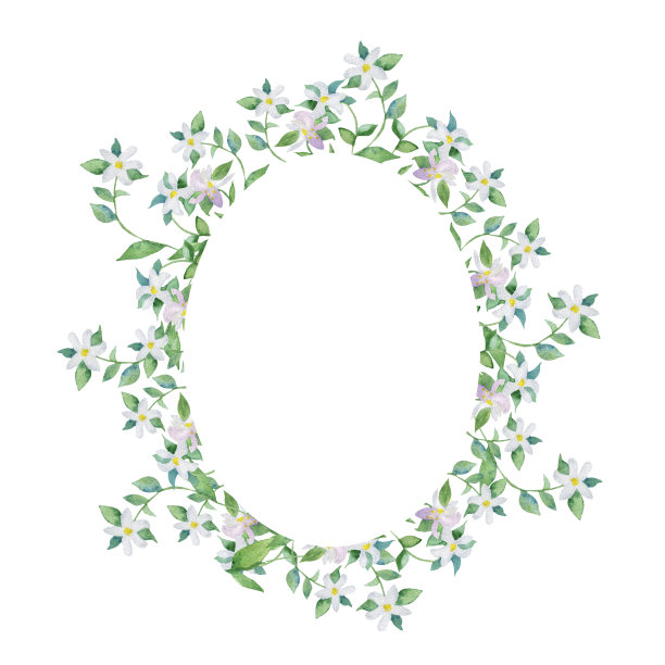 水彩圆形框架的佛手柑郁郁葱葱的树枝，与白色的花和绿色的叶子。手绘婚礼请柬，保存日期或卡片设计。绿色盛开的佛手柑枝在白色背景与文字空间。素材图片