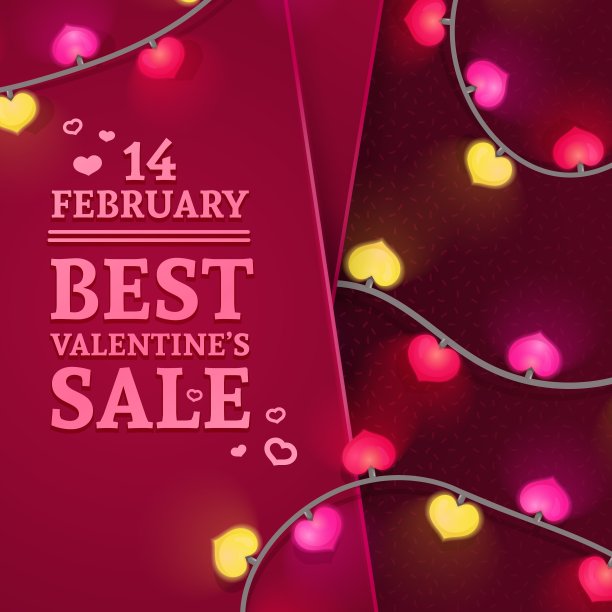 模板设计横幅胶带为情人节提供。红色背景装饰霓虹心形花环和漩涡元素情人节快乐销售。浪漫的促销卡片和传单。向量图片下载