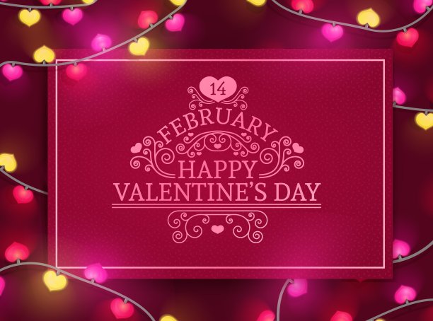 模板设计横幅明信片为情人节提供。红色背景与装饰霓虹灯心形花环和旋涡元素为快乐情人节销售。浪漫的小册子和传单。向量图片下载