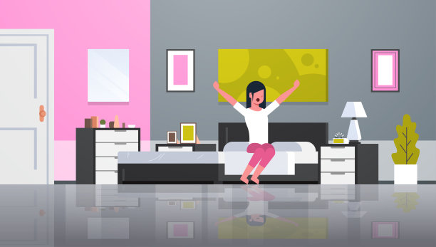 女人伸展手臂在早上醒来，黑发女孩坐在床上起床后满意的概念现代公寓卧室室内平水平图片下载