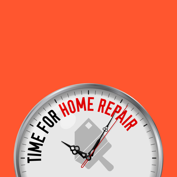 是时候修理房子了。带有动机口号的白色矢量时钟。模拟金属手表与玻璃。房子和抹刀图标图片下载