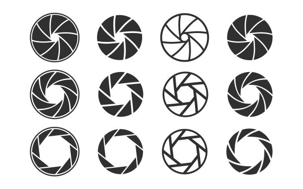 相机快门。一组带有不同位置的光圈图标的相机镜头图片下载