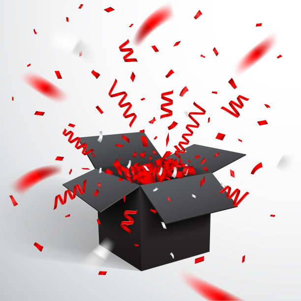 打开黑色礼品盒和五彩纸屑。圣诞节和情人节背景。矢量图图片下载