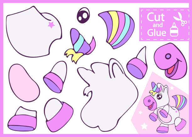 把纸剪下来粘在小滑稽的独角兽身上。儿童猜谜娱乐和娱乐。儿童艺术游戏和活动拼图。创造玩具可爱的马自己。矢量插图。图片下载