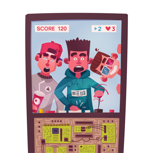 《老友记》是游戏。商场的机器。玩电子游戏的玩家。卡通矢量插图。图片下载