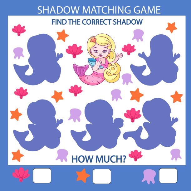 影子配对游戏。找到正确的影子美人鱼。孩子们猜谜娱乐。游戏任务的注意力。孩子的数学练习。矢量插图。图片下载