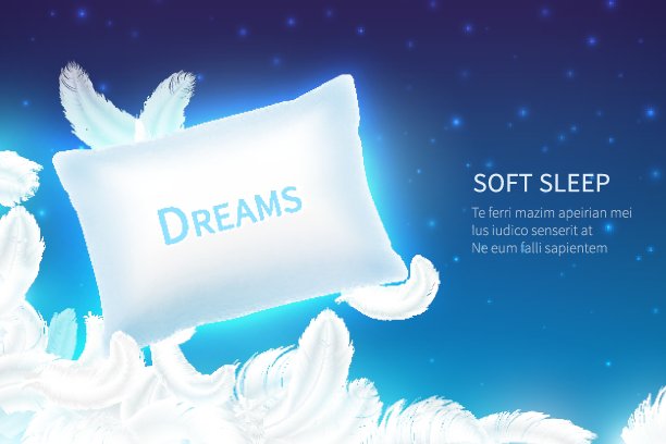 现实的睡眠概念。柔软的睡枕用羽毛，把云朵和星空模拟起来。梦和休息3D背景图片下载