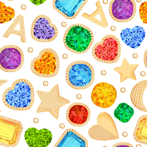 珠宝宝石和黄金配件无缝图案。时尚背景与奢侈珠宝，钻石，祖母绿，红宝石和水晶。矢量图图片下载