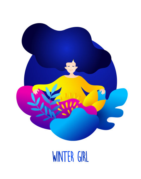 可爱的卡片与冬天的女孩和植物。浪漫的插画流行的平面风格。矢量插图。图片下载