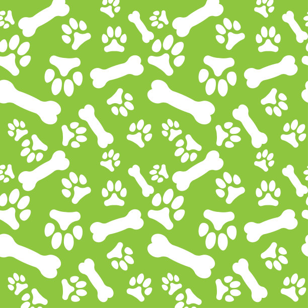 无缝图案与白色狗爪印和骨头在绿色的背景图片下载