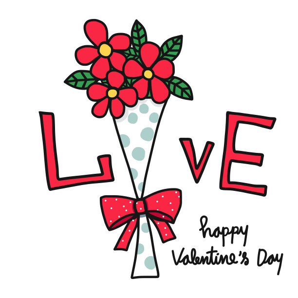 爱情字鲜花花束情人节快乐卡通矢量插图图片下载