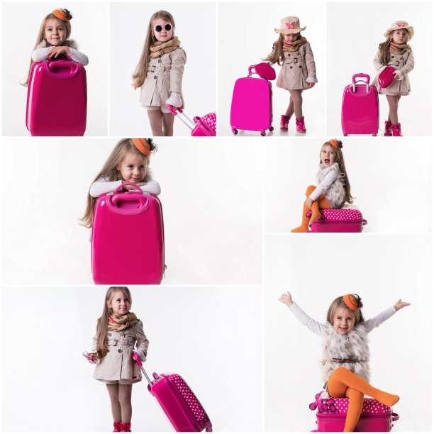 小女孩与手提箱旅行概念的拼贴画图片下载