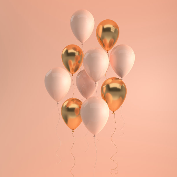 粉彩背景上光滑的米黄色和金色气球的插图。为生日、派对、社交媒体宣传横幅和海报腾出的空间。3d渲染现实气球图片下载