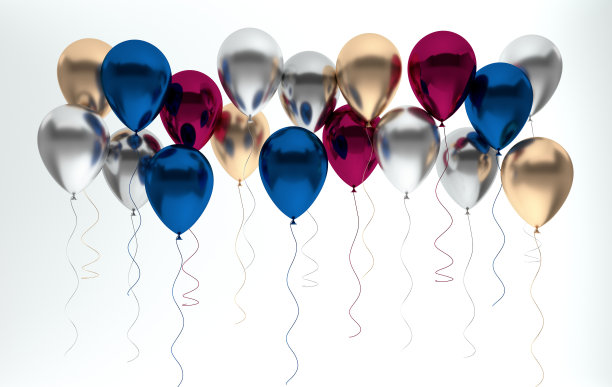 3d渲染插图的现实光泽银色，蓝色和金色珍珠金属气球在白色的背景。为生日、派对、社交媒体宣传横幅和海报腾出的空间。图片下载