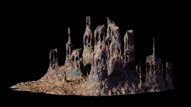 奇异的岩层，沙漠景观元素与古代遗迹，孤立在黑色背景(3d渲染)图片下载