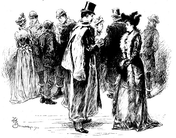 维多利亚时代的黑白戏剧故事雕刻一个男人和一个女人站在户外裹着皮草说话;艺术家威廉·约翰·亨尼斯;19世纪讲故事的图片和戏剧;1892年英语了图片下载