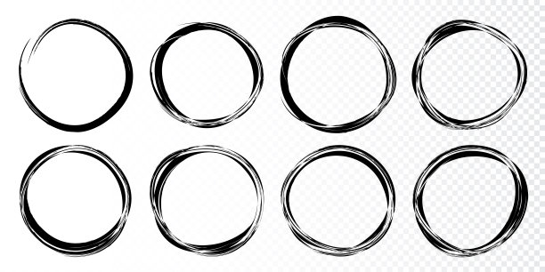 手绘圆圈素描框架集。圆潦草线圆。涂鸦圆形标志设计元素。矢量插图。素材图片