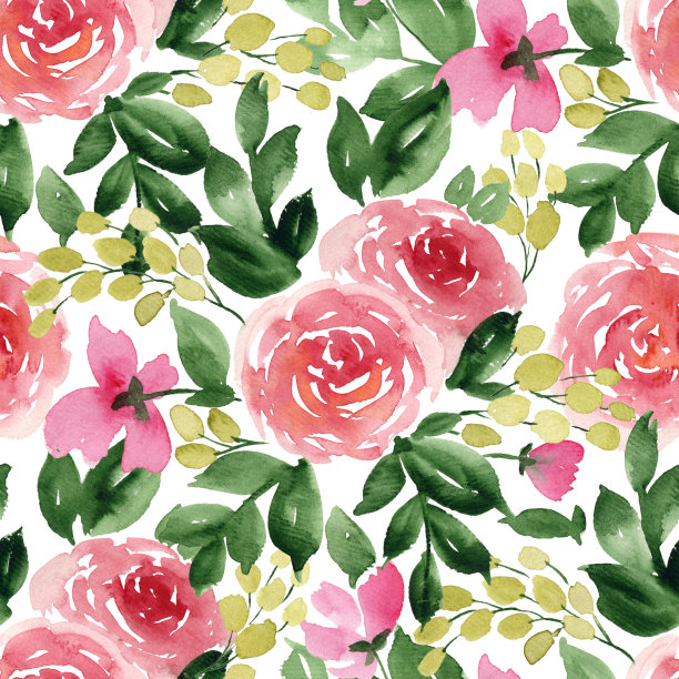 宽松的水彩花。无缝花卉图案与茶玫瑰图片下载