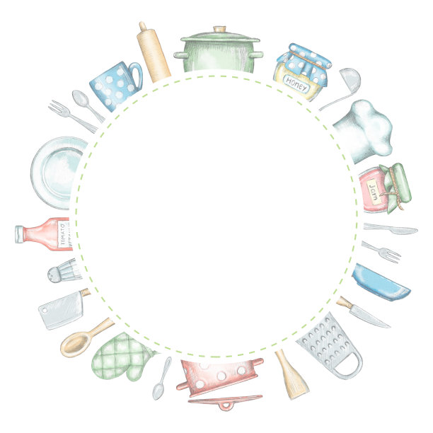 圆形框架与各种厨具和餐具图片下载