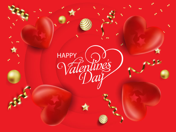 红色3D壁炉与星星，金色纸屑情人节卡图片下载