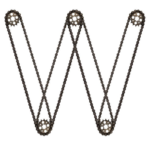 蒸汽朋克字母字体字母W来自链条齿轮。印刷字体拼贴机械五金零件。隔离元件用于自行车、车轮、电机维修或工厂生产或其他行业图片下载