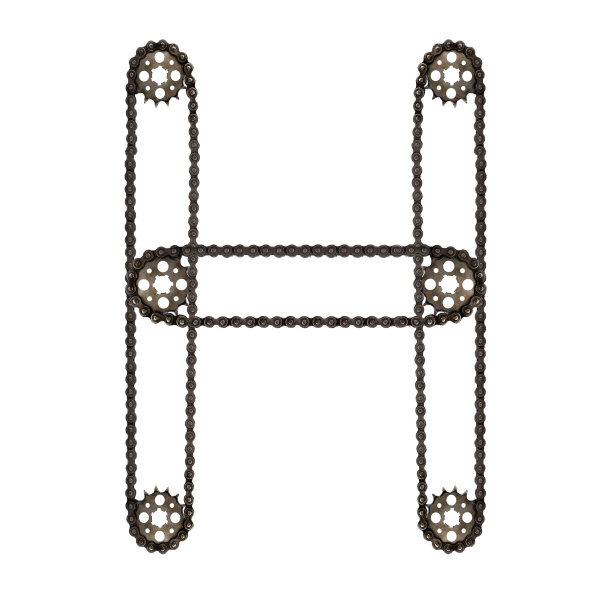 蒸汽朋克字母表字体字母H从链条齿轮。印刷字体拼贴机械五金零件。隔离元件用于自行车、车轮、电机维修或工厂生产或其他行业图片下载