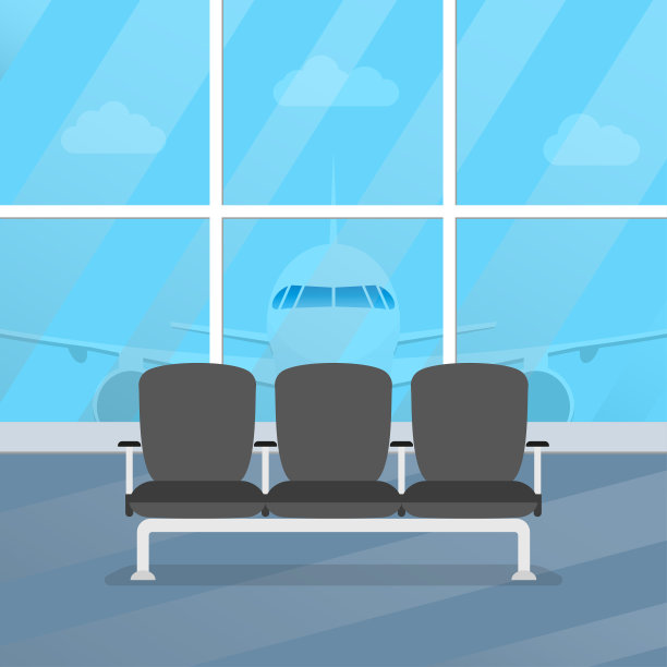 机场等候室。候机室内设有椅子和飞机窗。机场大厅。矢量插图。图片下载