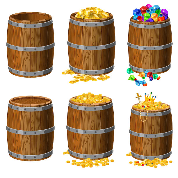 一套木桶，装着珍宝，黄金，硬币，金条，宝石，钻石，绿宝石，珠宝，空的和封闭的，有金属条纹，用于酒精，葡萄酒，朗姆酒，啤酒和其他饮料，或珍宝，火药。孤立在白色背景上。向量il图片下载