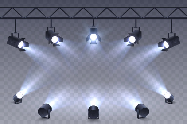 现实聚光灯隔离在透明的背景。现场照明。悬挂和站立照明。元素的照片工作室，显示，场景。矢量插图。图片下载