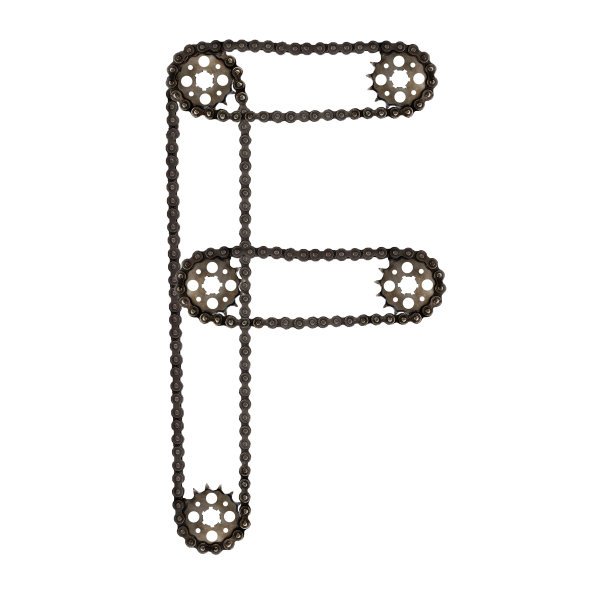 蒸汽朋克字母字体字母F从链条齿轮。印刷字体拼贴机械五金零件。隔离元件用于自行车、车轮、电机维修或工厂生产或其他行业图片下载