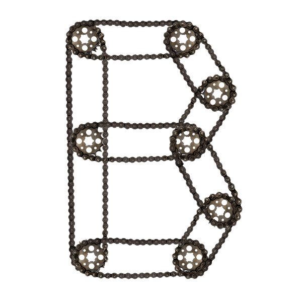 蒸汽朋克字母字体字母B从链条齿轮。印刷字体拼贴机械五金零件。隔离元件用于自行车、车轮、电机维修或工厂生产或其他行业图片下载