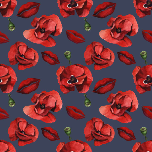 水彩无缝图案与野生红色罂粟图片下载